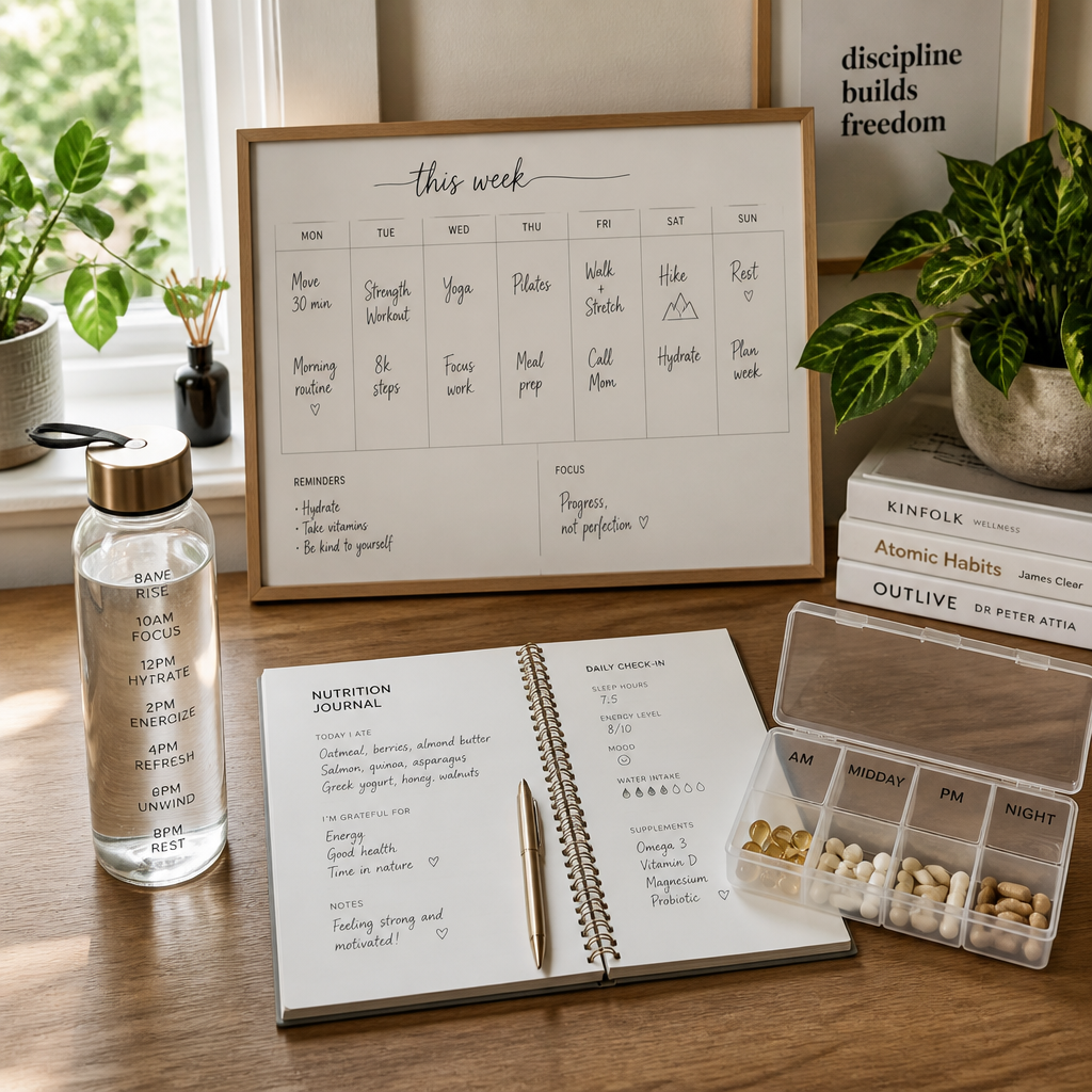Organized wellness workspace with supplement organizer, calendar, and water bottle on desk with natural lighting