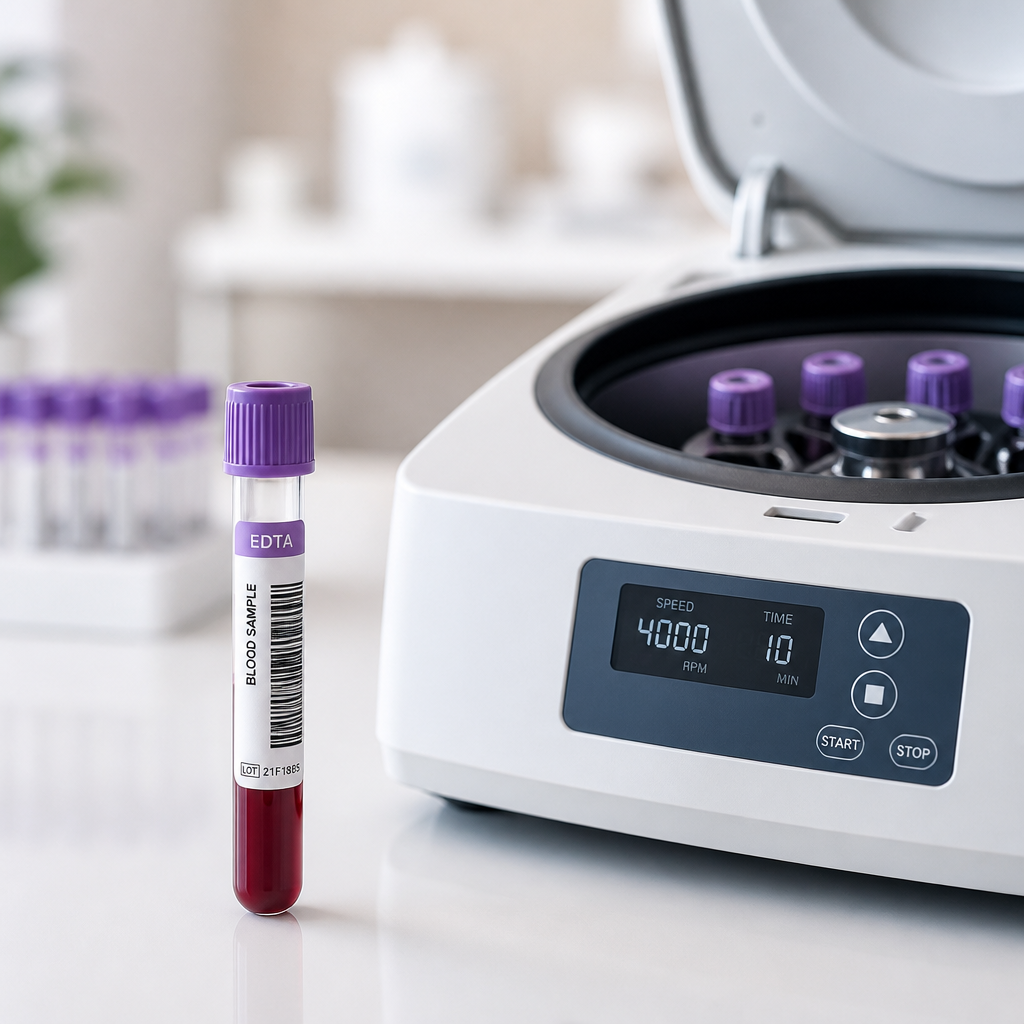Medical vial and centrifuge equipment in laboratory setting