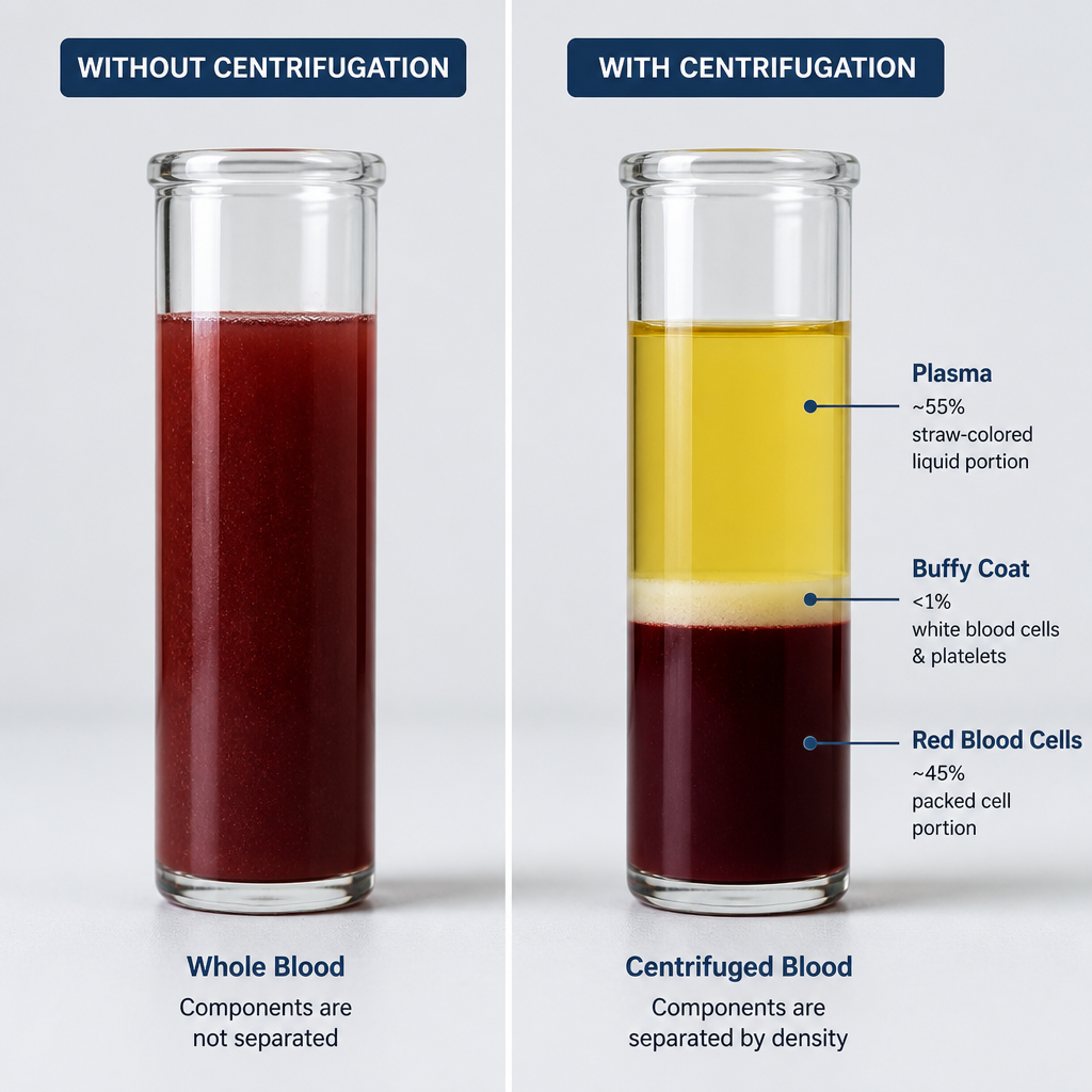 Side-by-side comparison of separated biological samples in glass containers