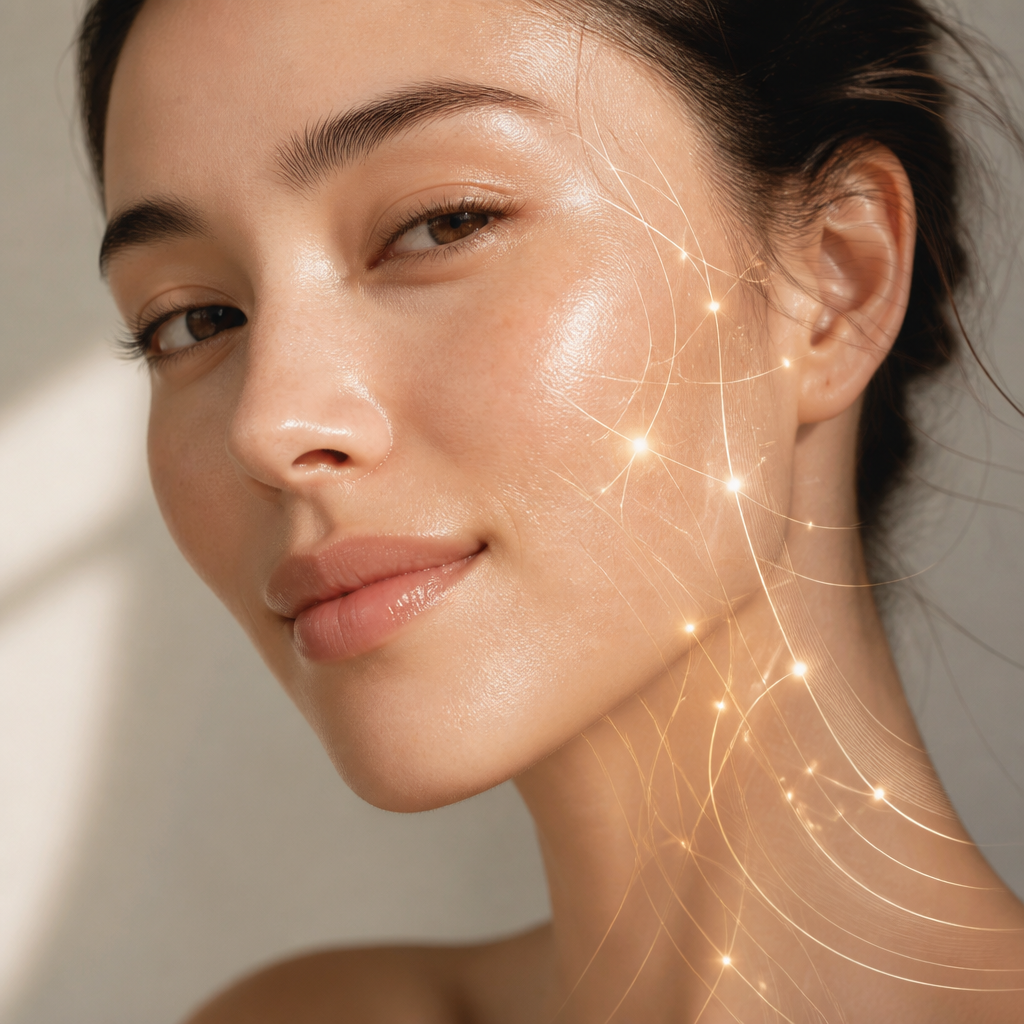 Radiant skin texture with soft lighting and abstract cellular visualization