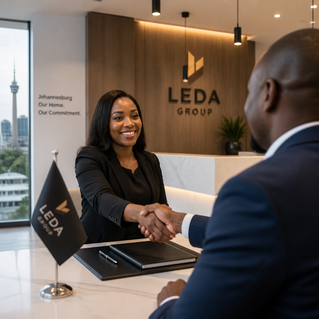 Professional office reception with branded desk flag during a business interaction