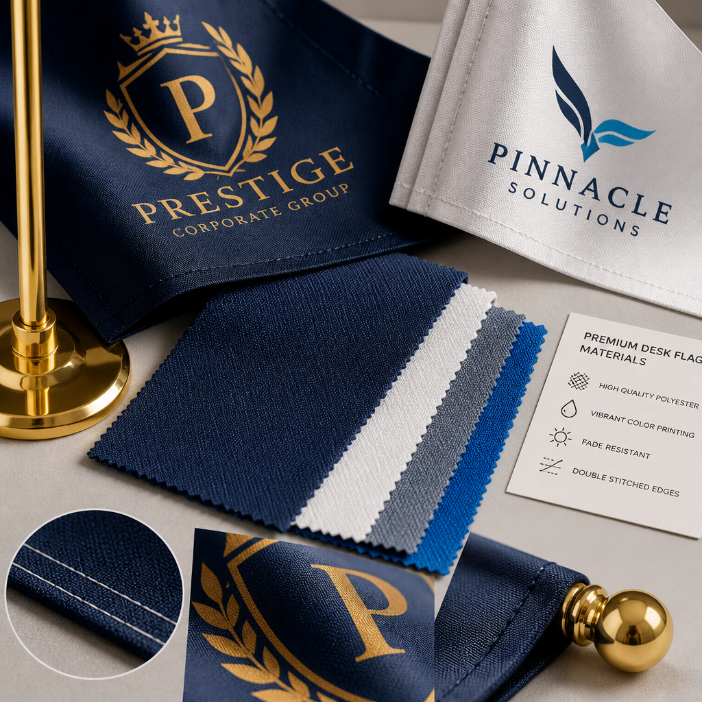 Premium desk flag materials and printing quality samples displayed in detail