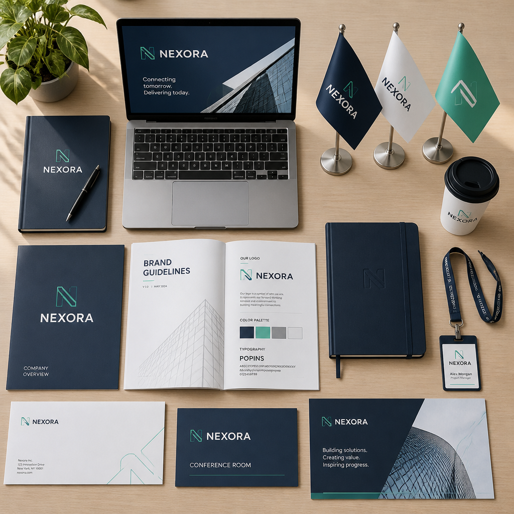 Overhead view of coordinated corporate branding elements including desk flags and office materials