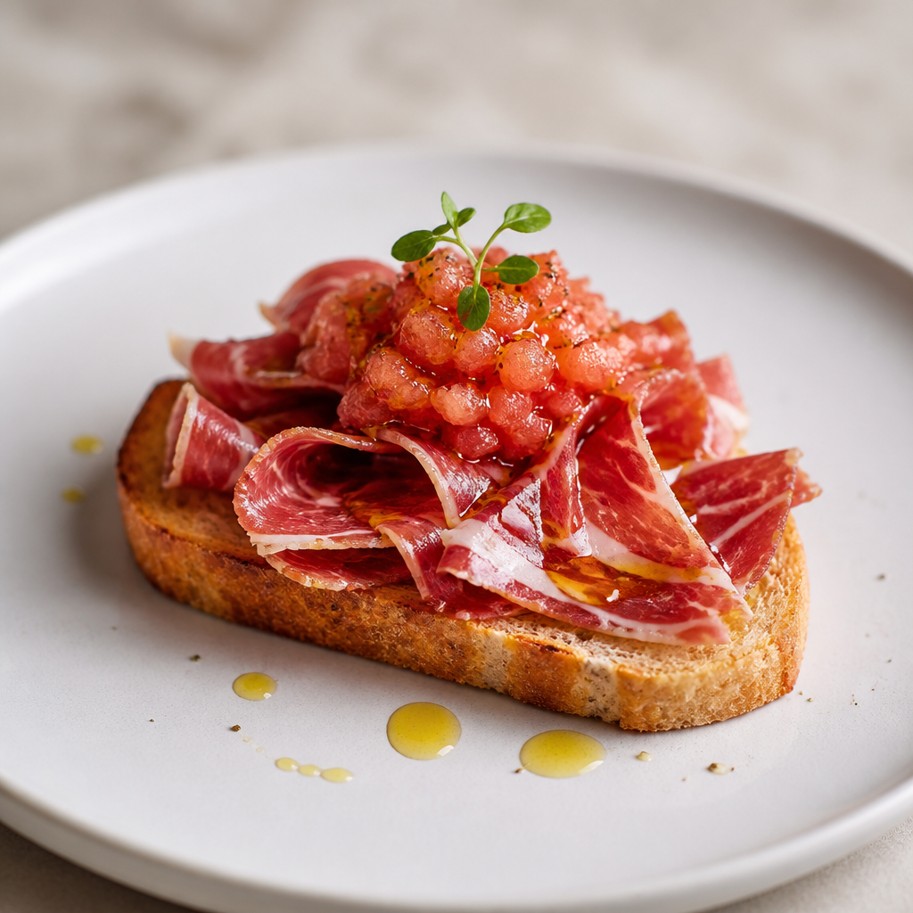 Tosta de jamón ibérico con tomate y AOVE ecológico presentada en plato blanco minimalista
