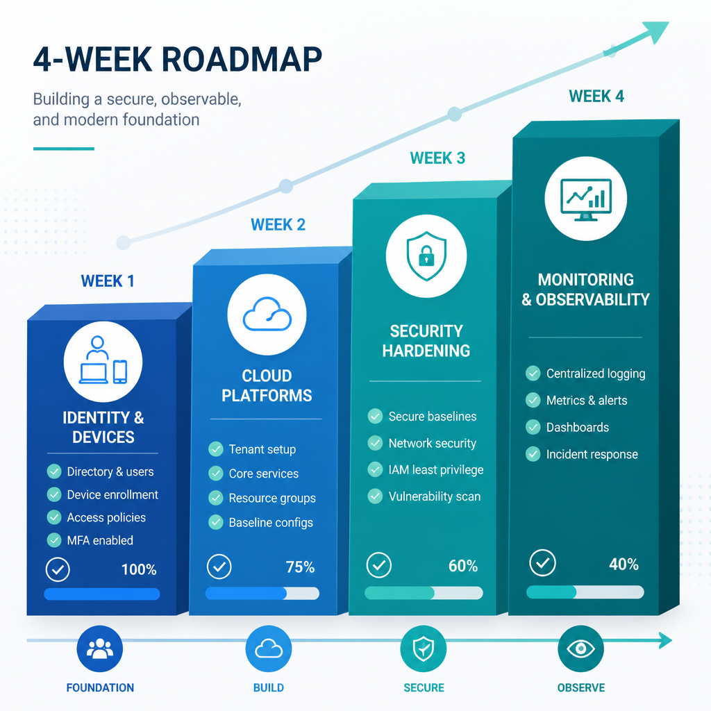 30-day IT setup timeline with four progressive phases