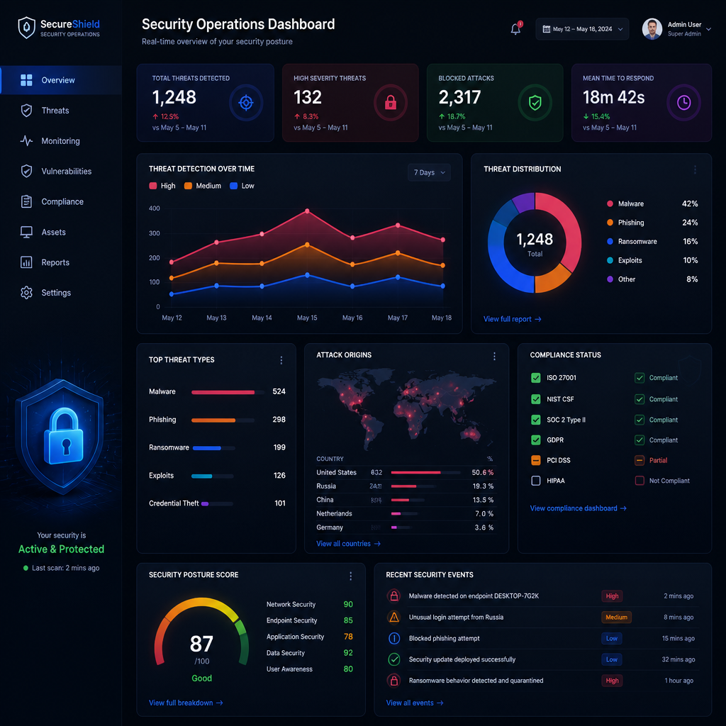 Cybersecurity metrics and compliance monitoring dashboard