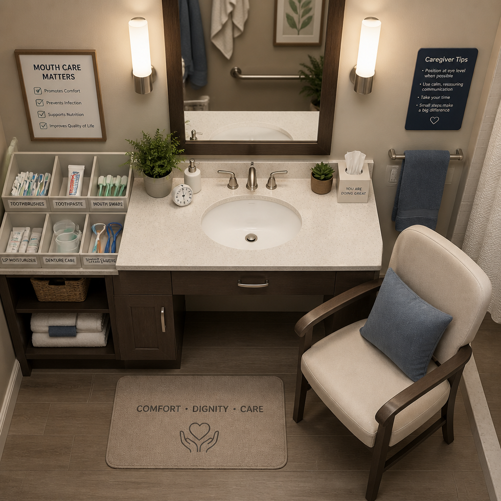Well-organized bathroom environment designed for assisted oral hygiene care