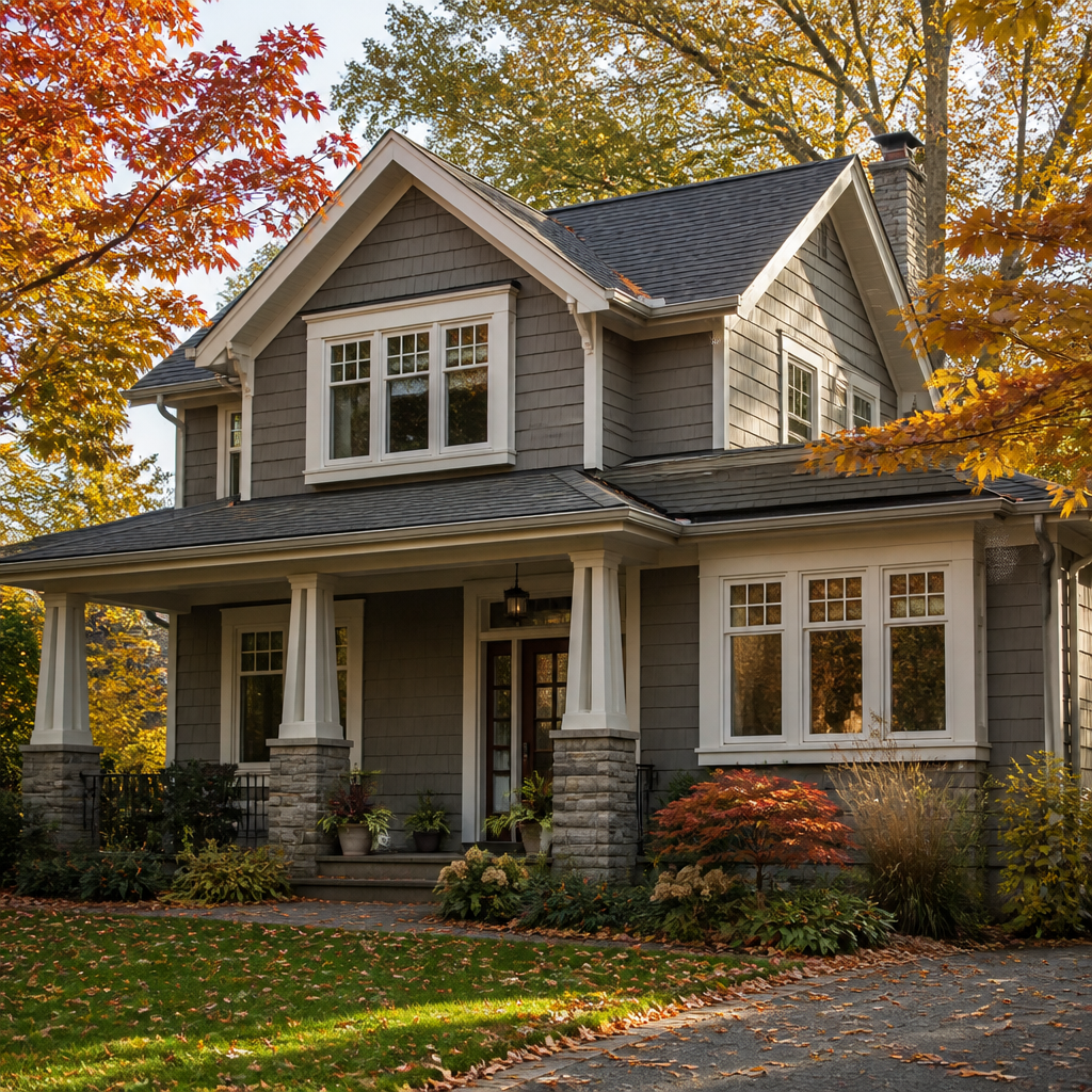 Suburban Ontario home exterior in autumn with visible spider webs on eaves and window corners
