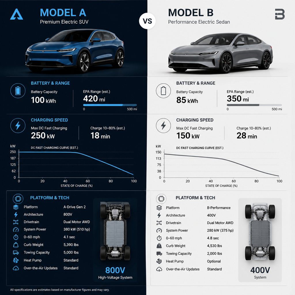 Technical comparison infographic displaying electric vehicle charging capabilities and platform specifications
