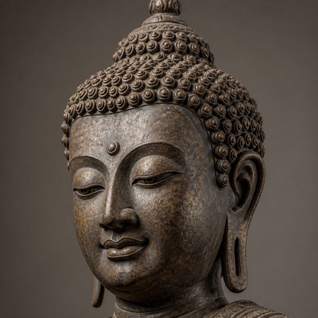 Detailed close-up of Buddha statue face showing iconic facial features and marks