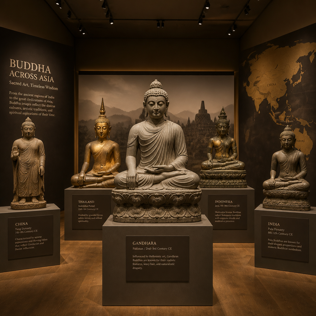 Museum display of diverse Buddha statues representing different regional artistic traditions