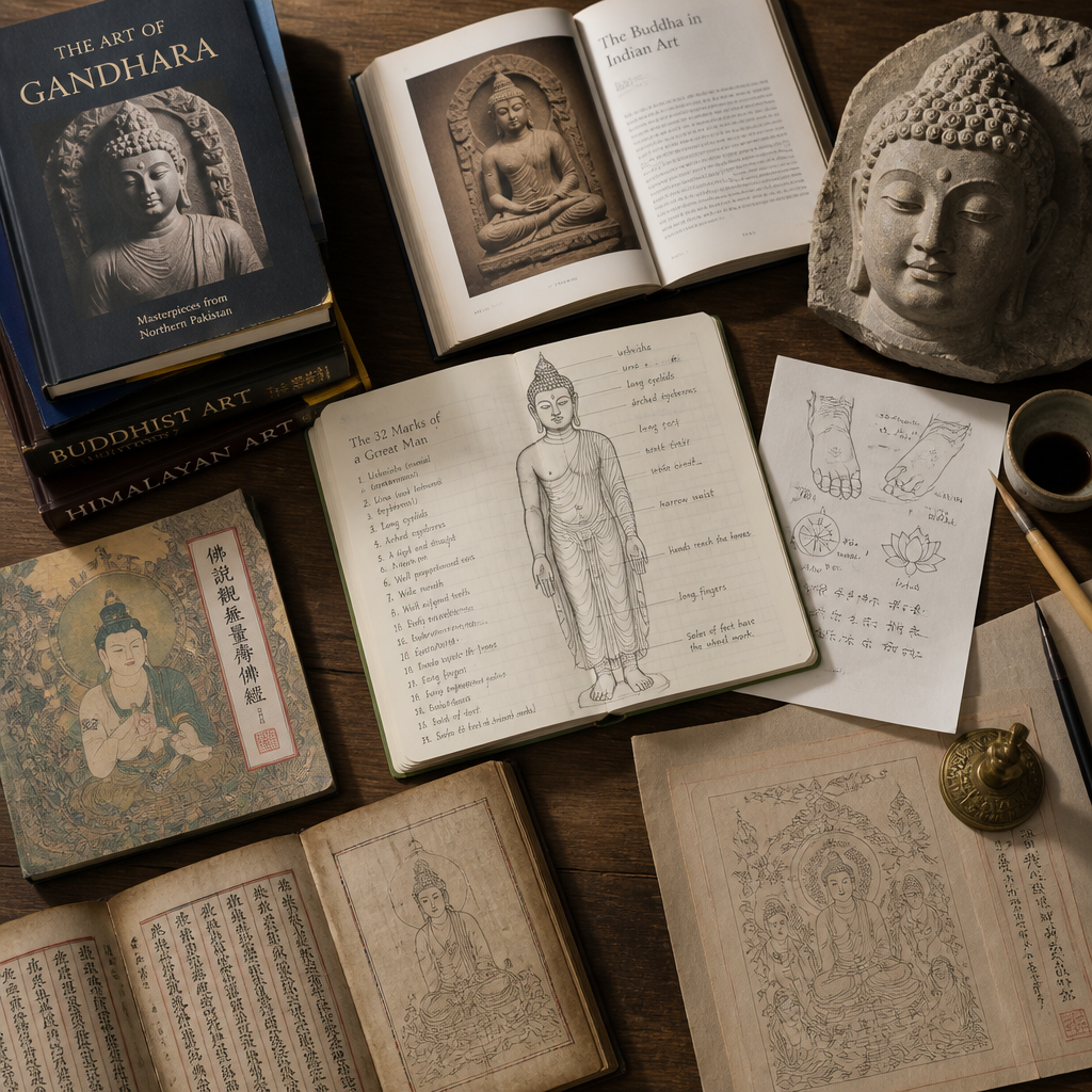 Collector's study materials and Buddhist iconographic reference guides arranged flat-lay style