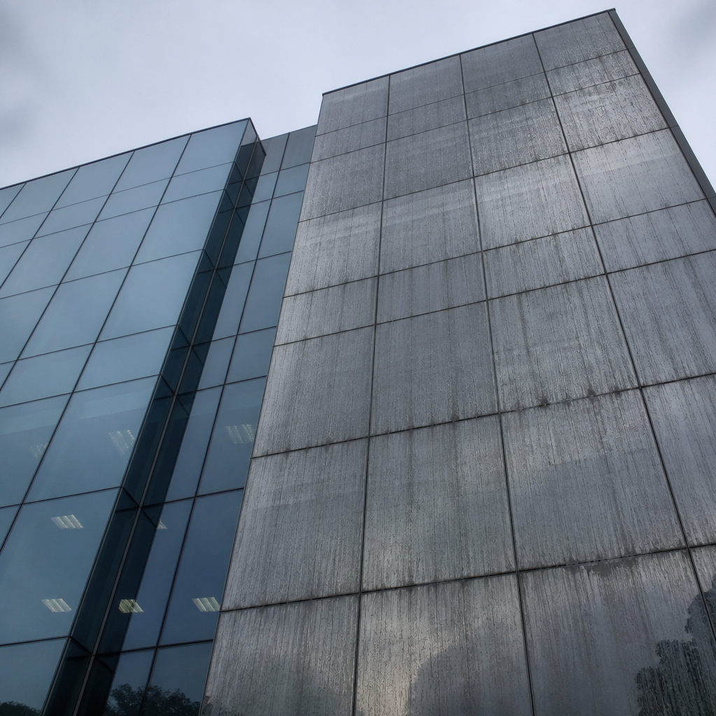 Commercial building windows with visible streaks and mineral deposits requiring cleaning