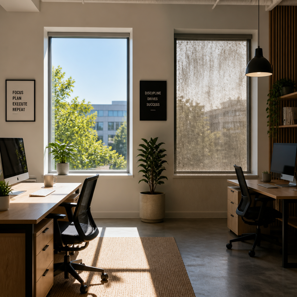 Office interior showing difference in natural light between clean and dirty windows