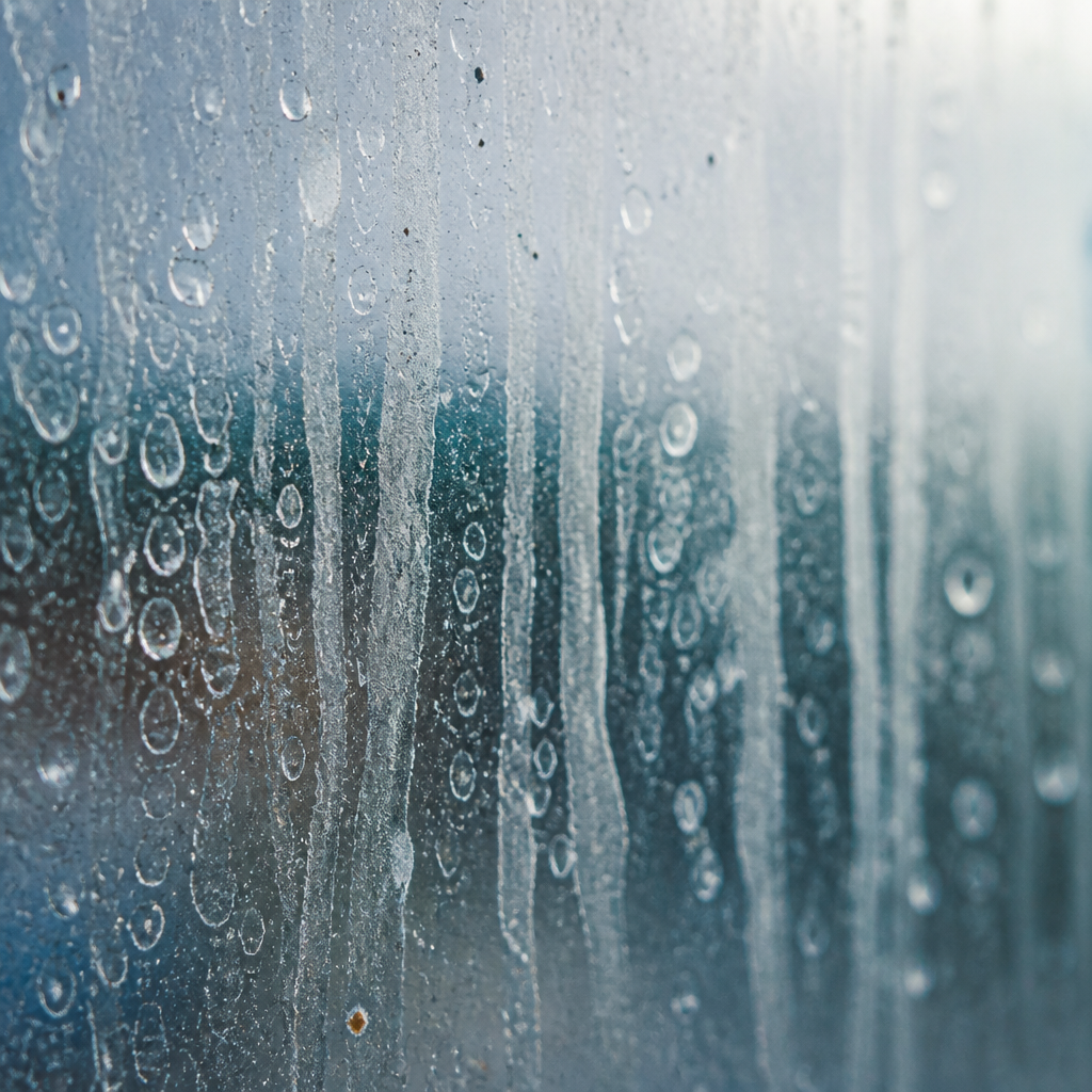 Close-up detail of mineral deposits and grime on commercial window glass