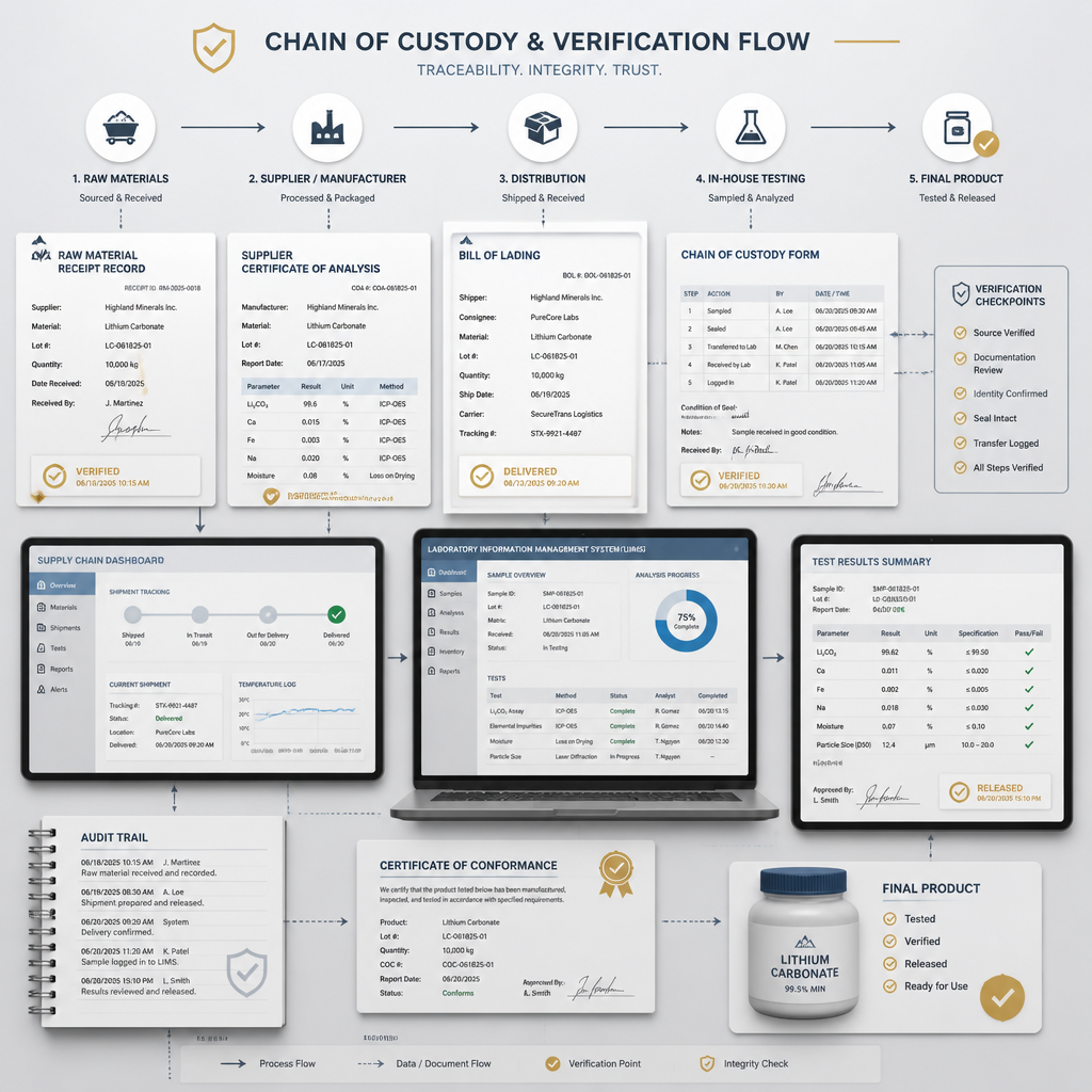 Flat lay of connected documentation and verification forms showing chain of custody workflow
