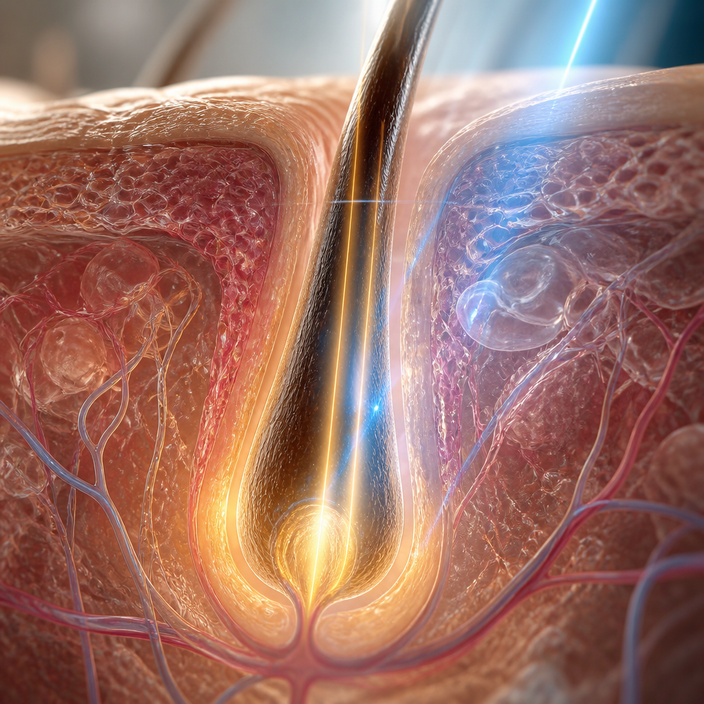 Microscopic cross-section of a hair follicle with light energy visualization