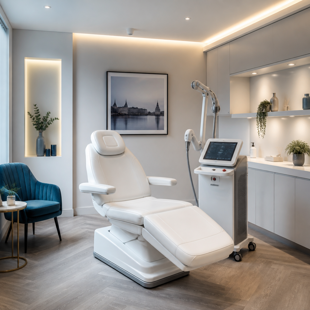 Contemporary medical laser treatment room with modern equipment and minimalist design