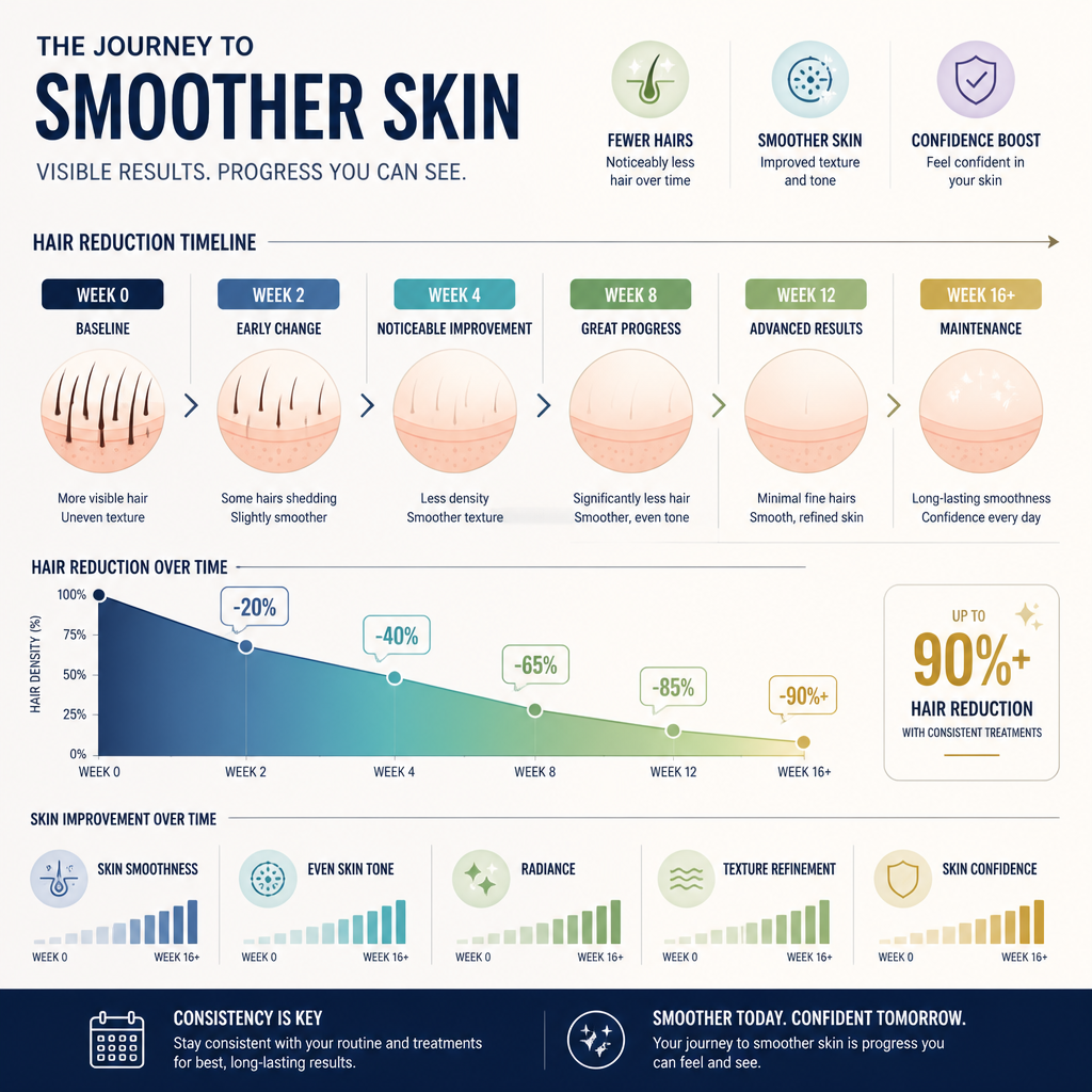 Abstract timeline visualization showing progressive facial hair reduction results over treatment sessions