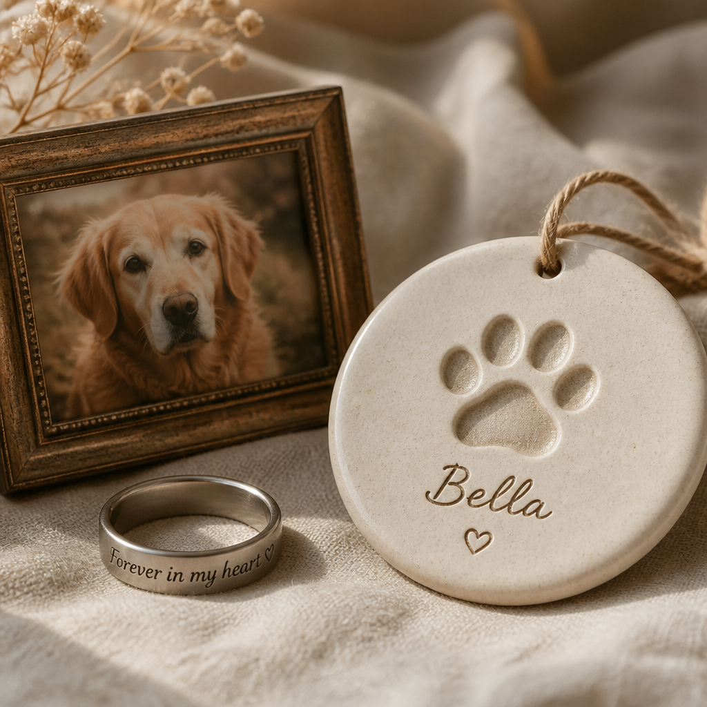Personalized pet memorial keepsakes including engraved ring, framed photo, and paw print ornament on linen
