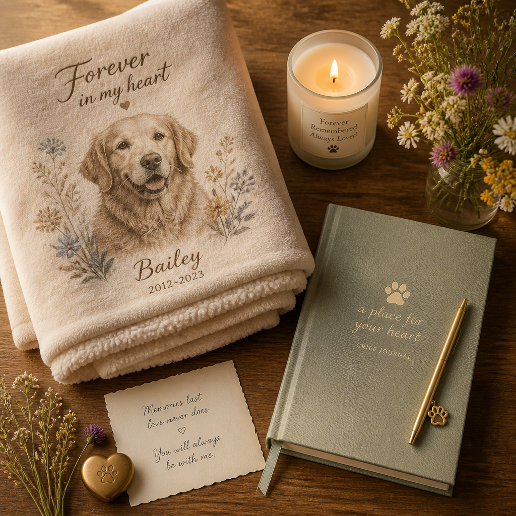 Comfort gift collection for pet loss including blanket, journal, candle, and flowers on wooden surface