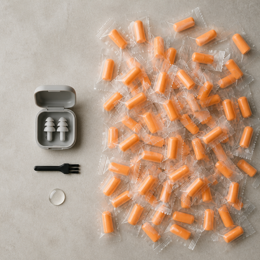 Overhead view comparing reusable earplugs in a case against a year's supply of disposable foam earplug packets