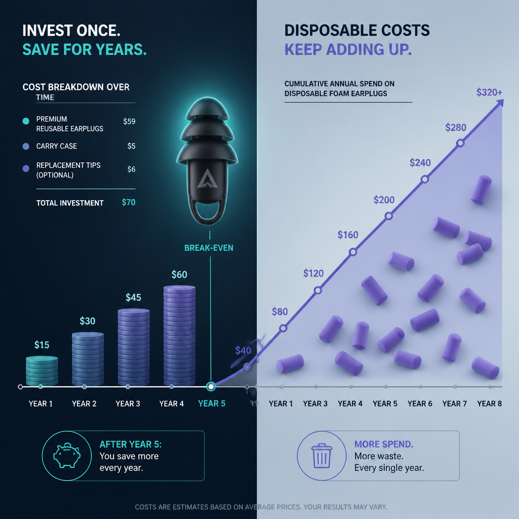 Visual cost comparison chart showing reusable earplug break-even point versus cumulative disposable earplug spending