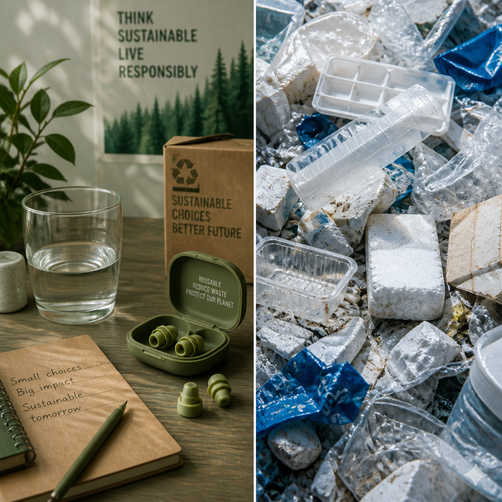 Split composition contrasting sustainable reusable earplug lifestyle against plastic waste accumulation from disposables