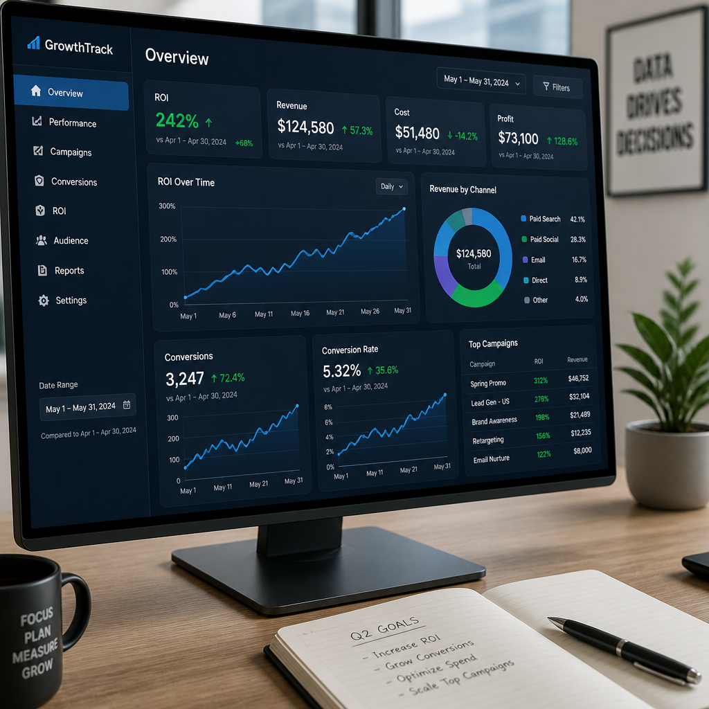 Analytics dashboard displaying ROI metrics and upward trending performance charts on a computer screen