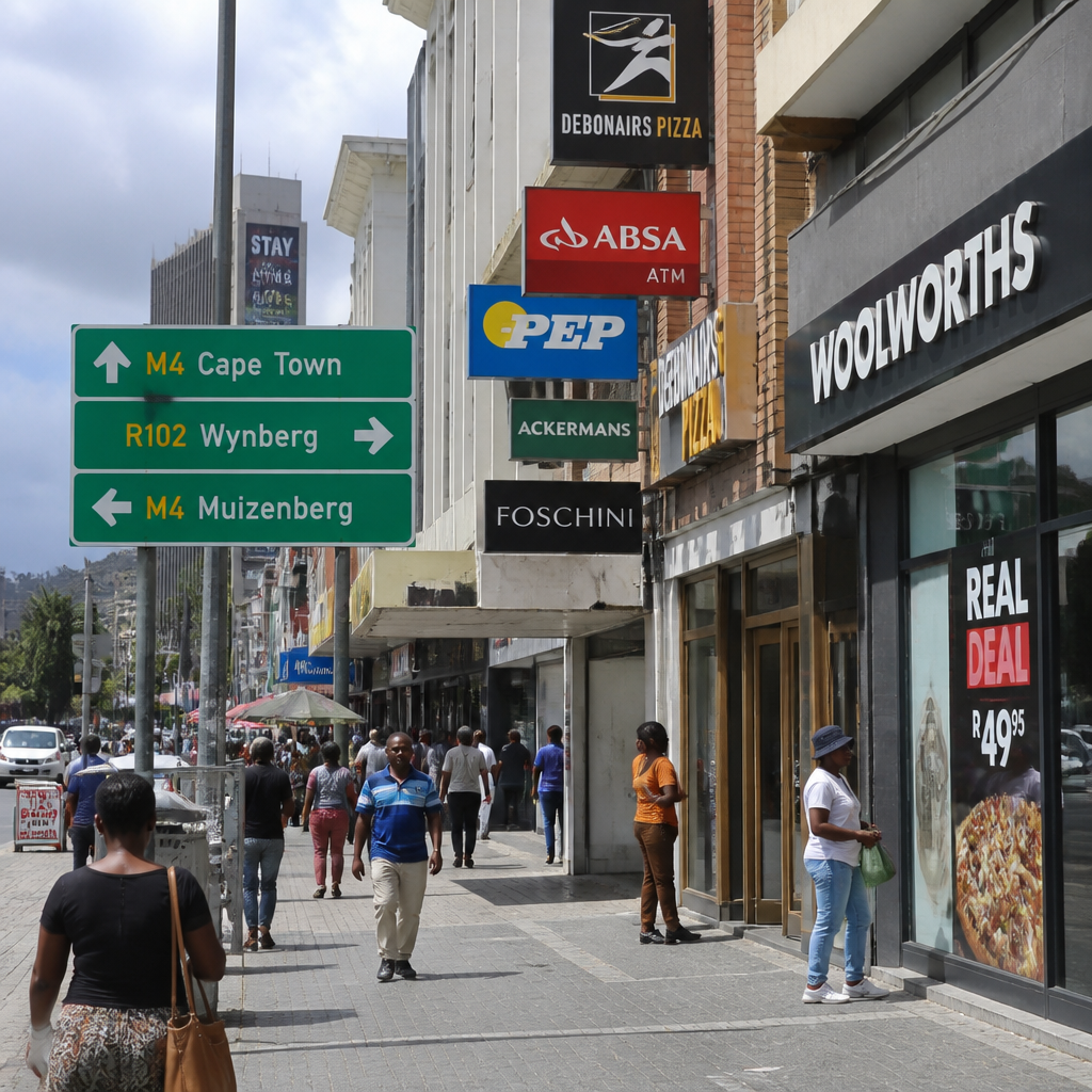 Urban retail street with diverse storefronts and commercial signage in a South African business district