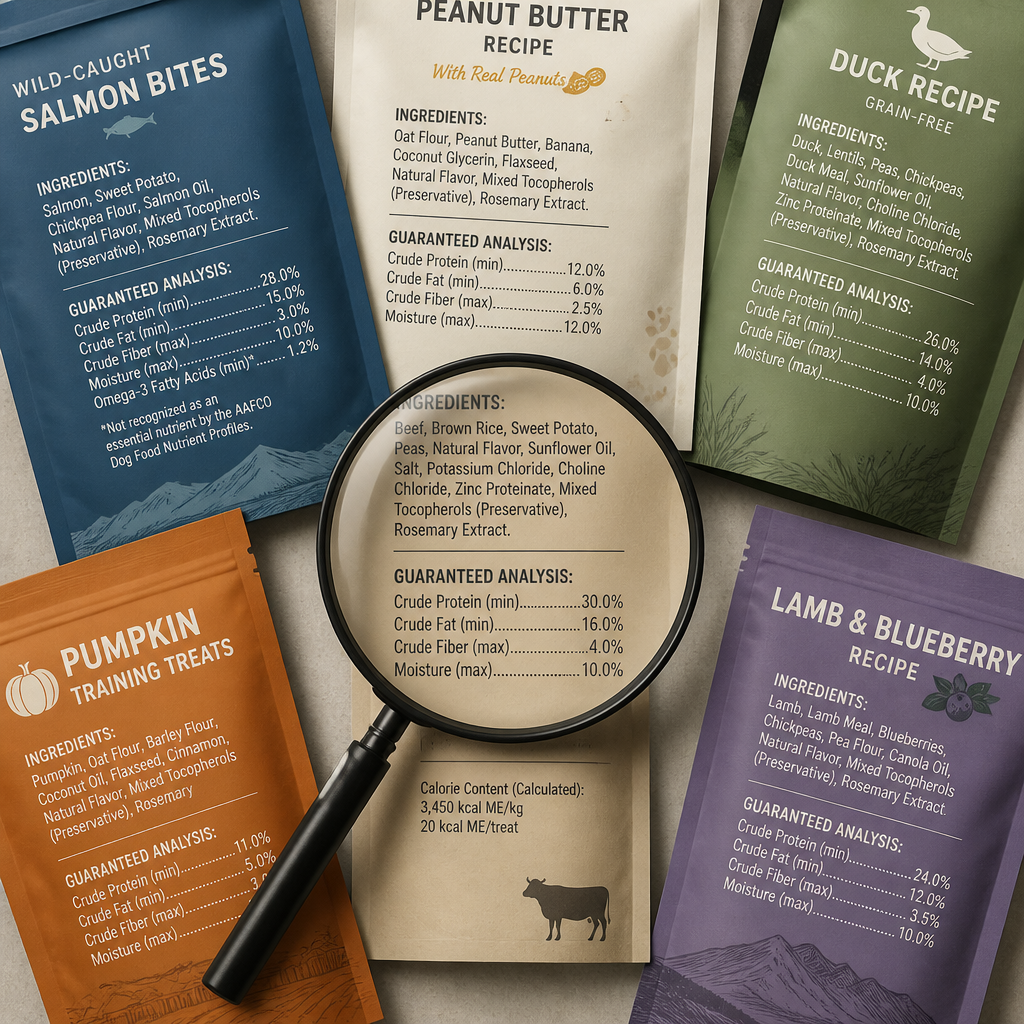 Pet treat packages with ingredient labels displayed with magnifying glass highlighting fine print details