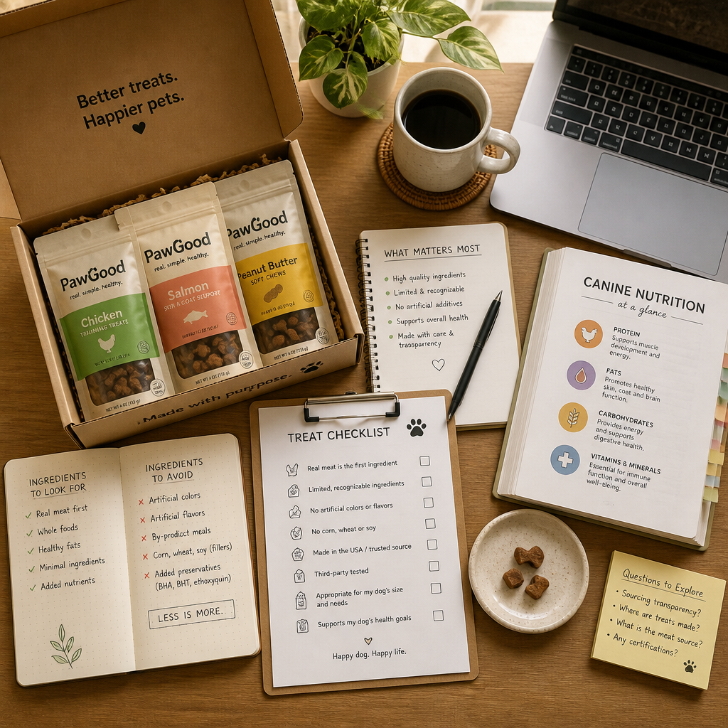Workspace scene showing treat evaluation materials, notes, and samples representing the process of reading and comparing pet treat labels