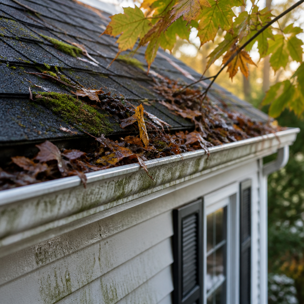 Detailed view of exterior home damage from fall debris and moisture buildup