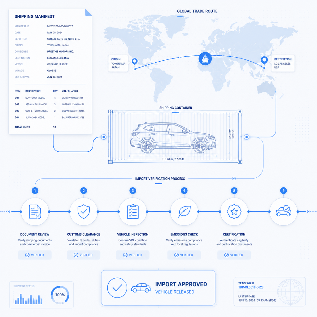 Shipping and trade documentation elements representing vehicle import verification workflow