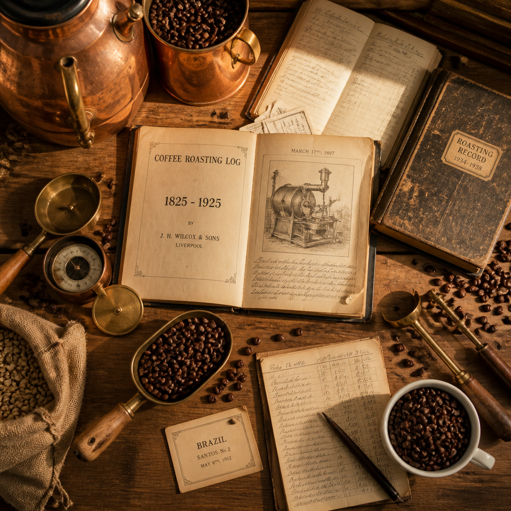 Artisan coffee roasting heritage and historical roasting equipment displayed in overhead flat lay composition
