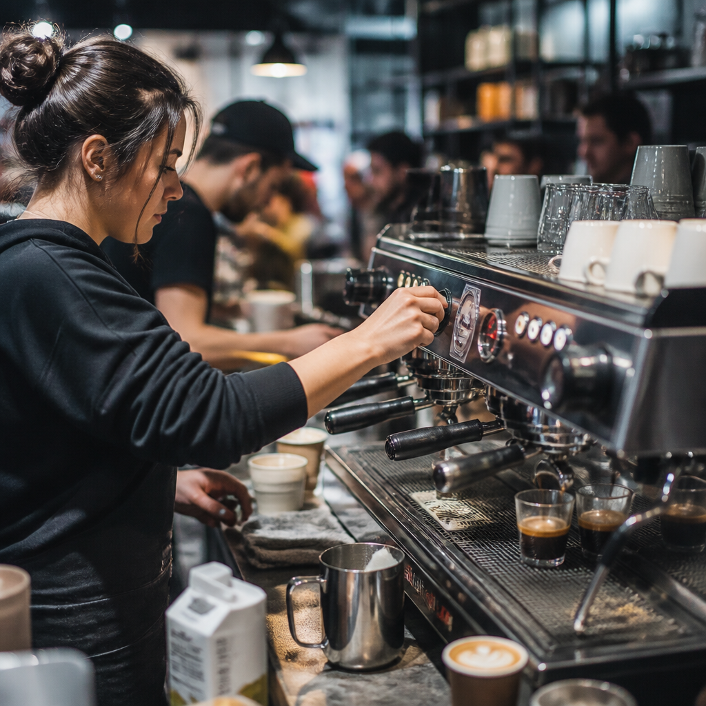 Barista in a busy café expertly operating espresso machine during peak service hours