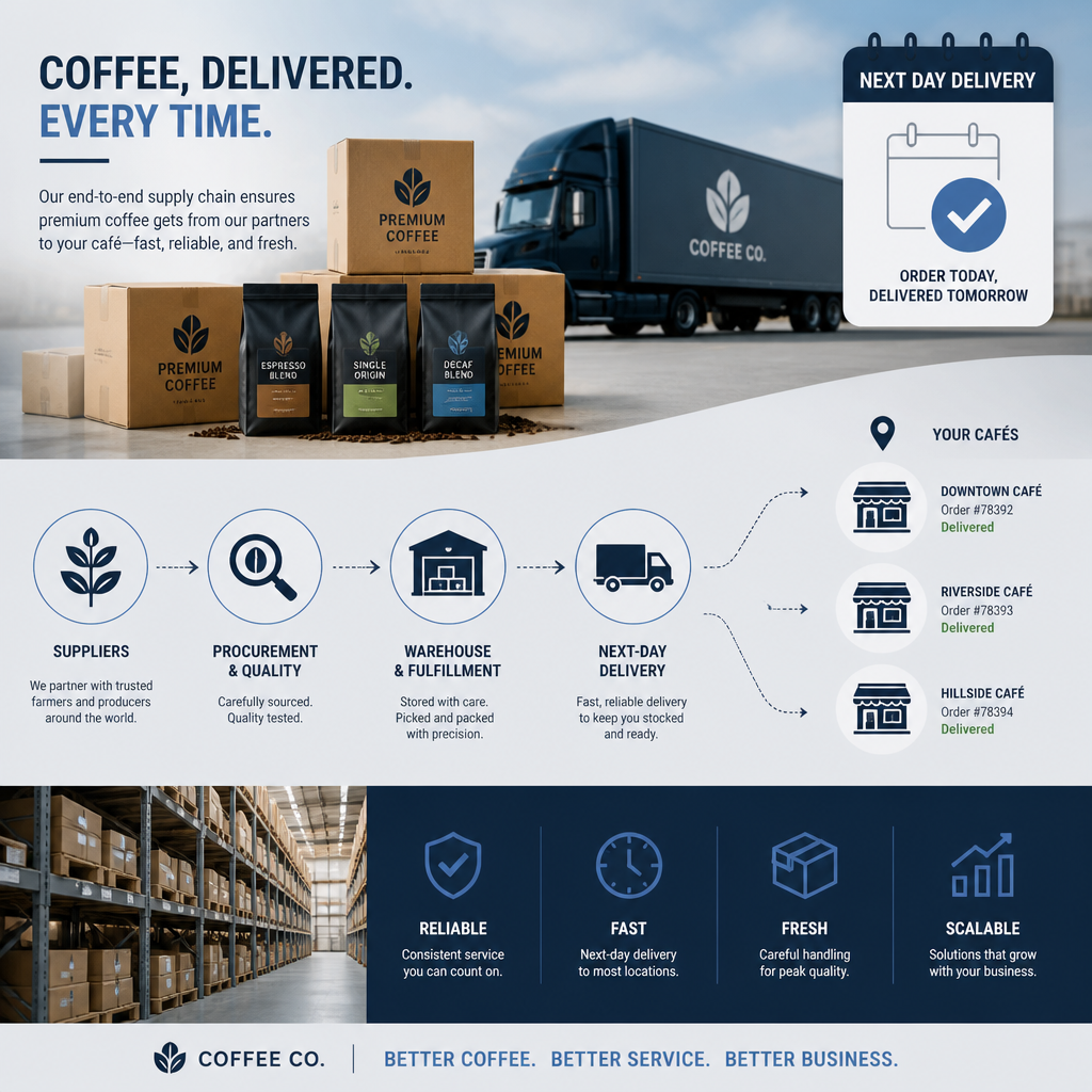 Supply chain and logistics concept showing efficient coffee delivery and warehouse operations