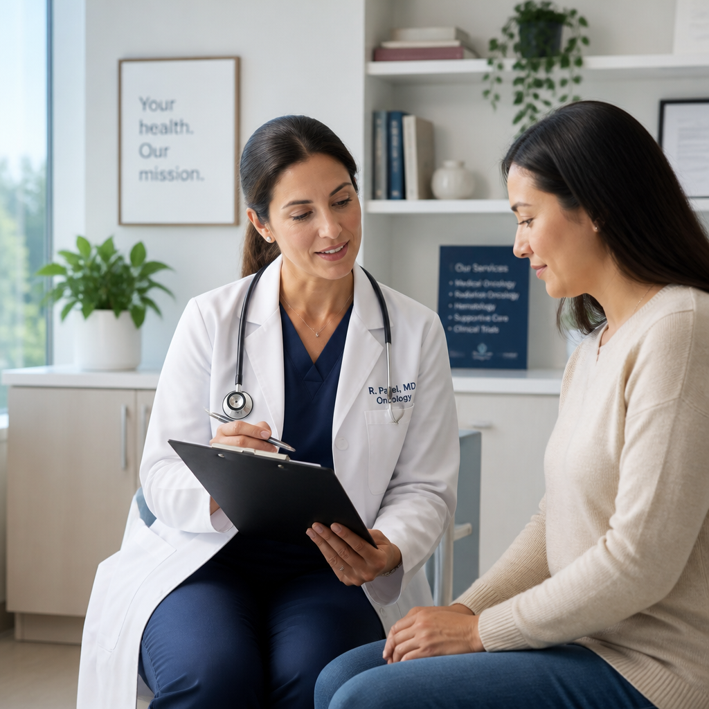 Healthcare professional reviewing treatment plans with patient in a clinical consultation setting