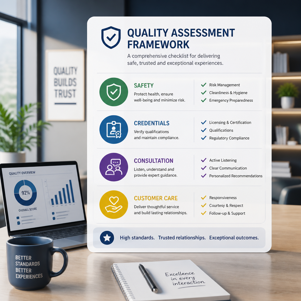 Visual representation of a medspa evaluation checklist and quality standards framework