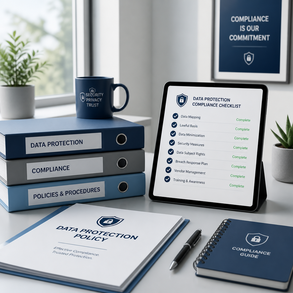 Organiseret kontor workspace med compliance dokumenter og checklistetablet