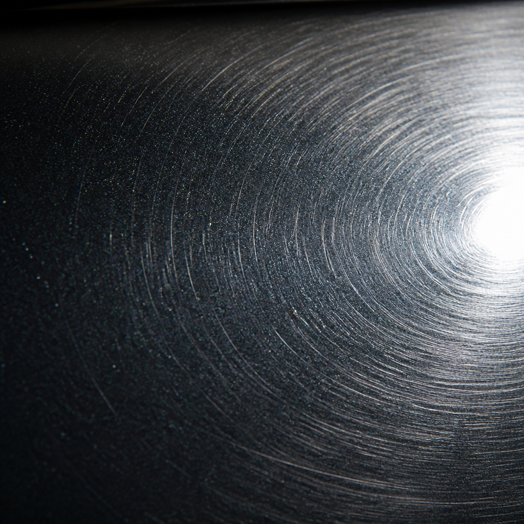 Close-up of swirl marks on dark car paint under dramatic lighting