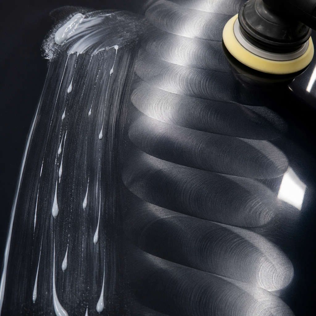 Polishing pad creating linear buffer trails on dark automotive surface