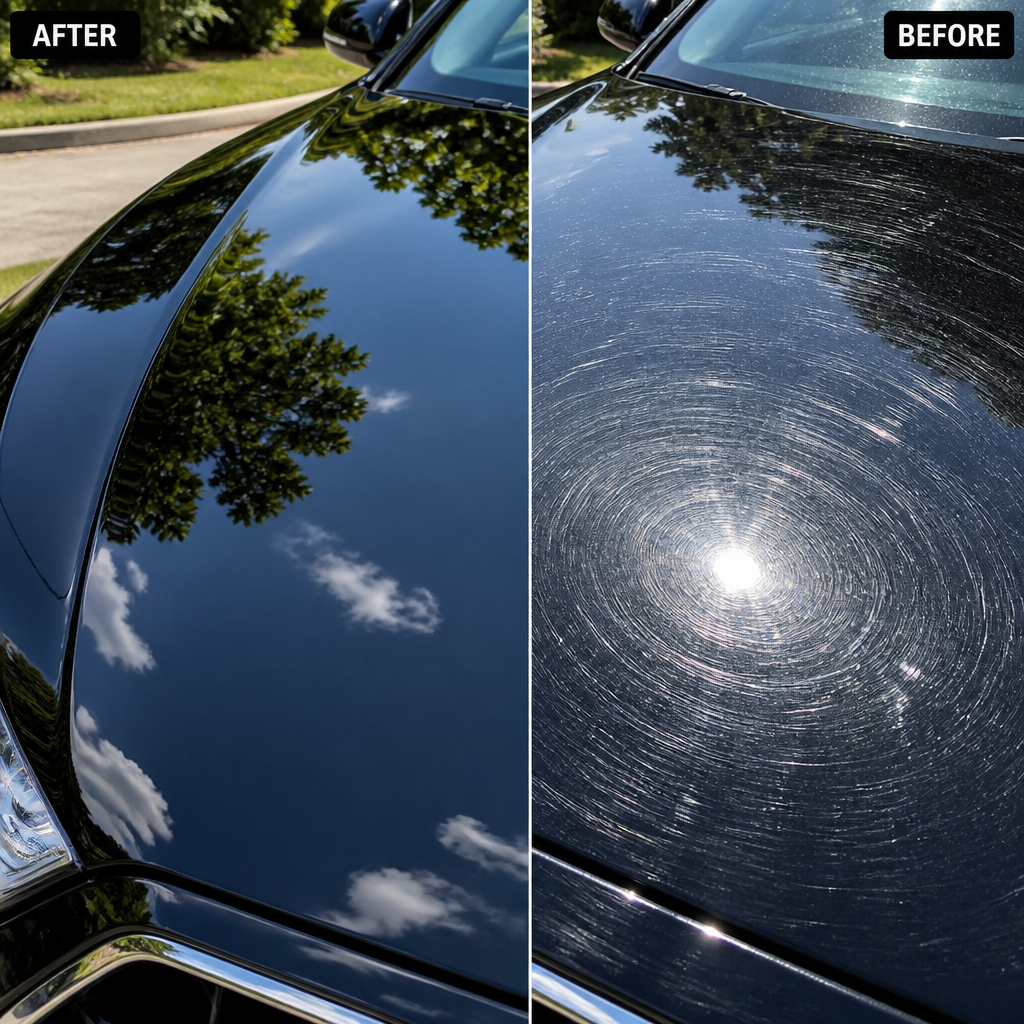Before and after comparison of paint defect correction on car surface