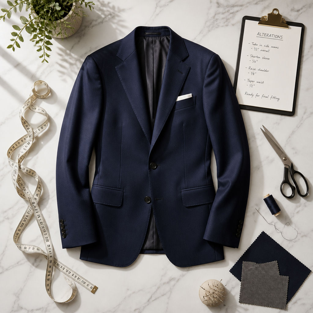 Tailoring workspace with fitted blazer, measuring tools, and alteration notes on marble surface