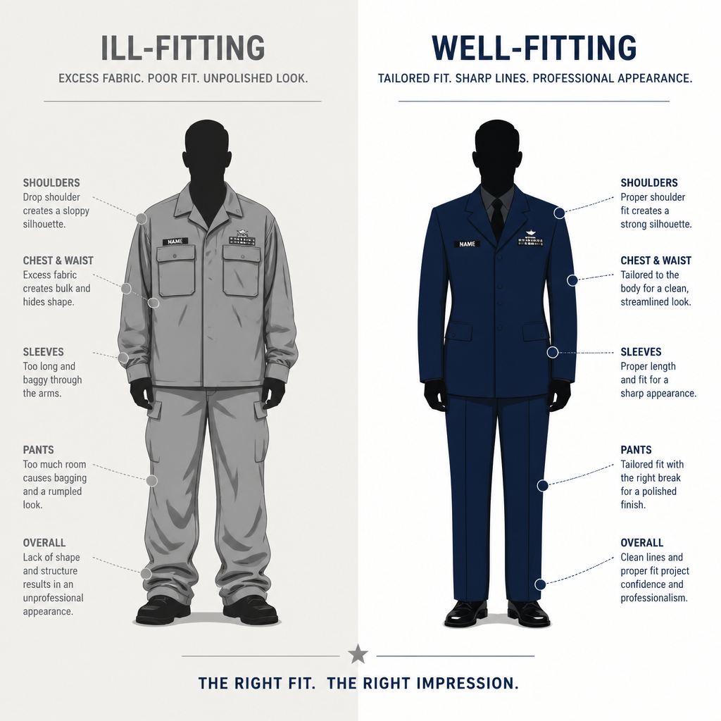 Before and after comparison of ill-fitting versus well-fitted uniform silhouettes
