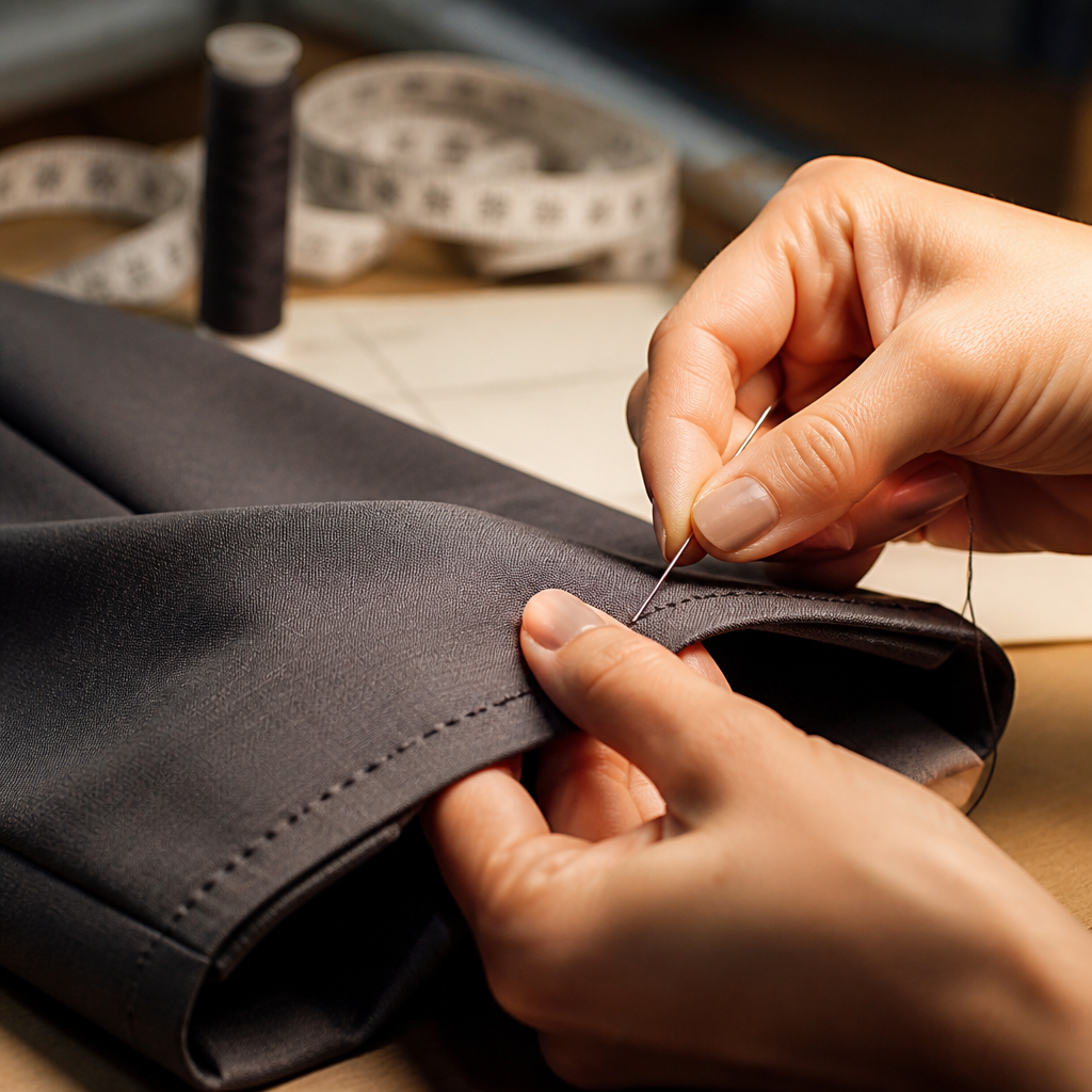 Close-up of hands performing precision stitching on professional uniform fabric
