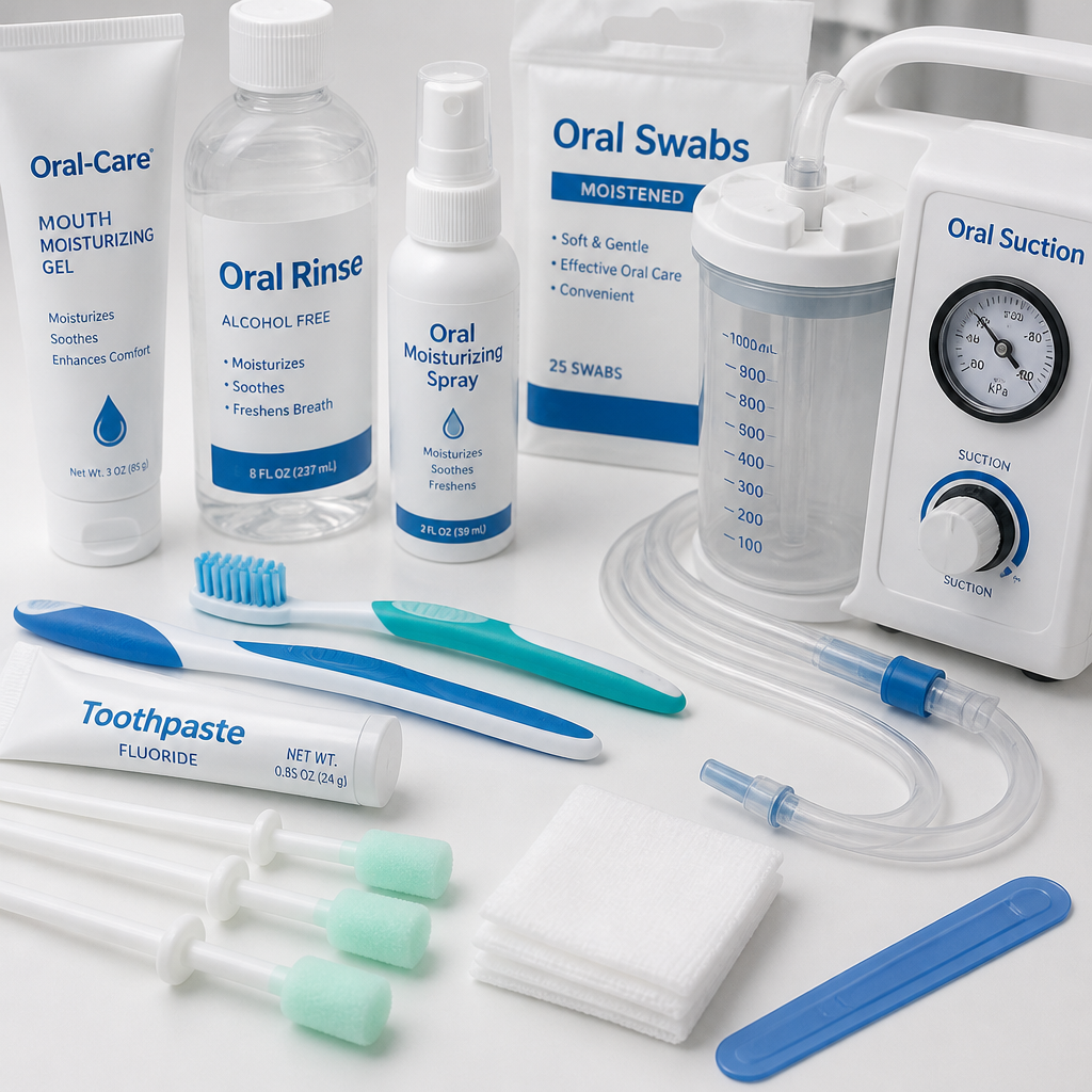 Professional oral care clinical products and equipment arranged on display