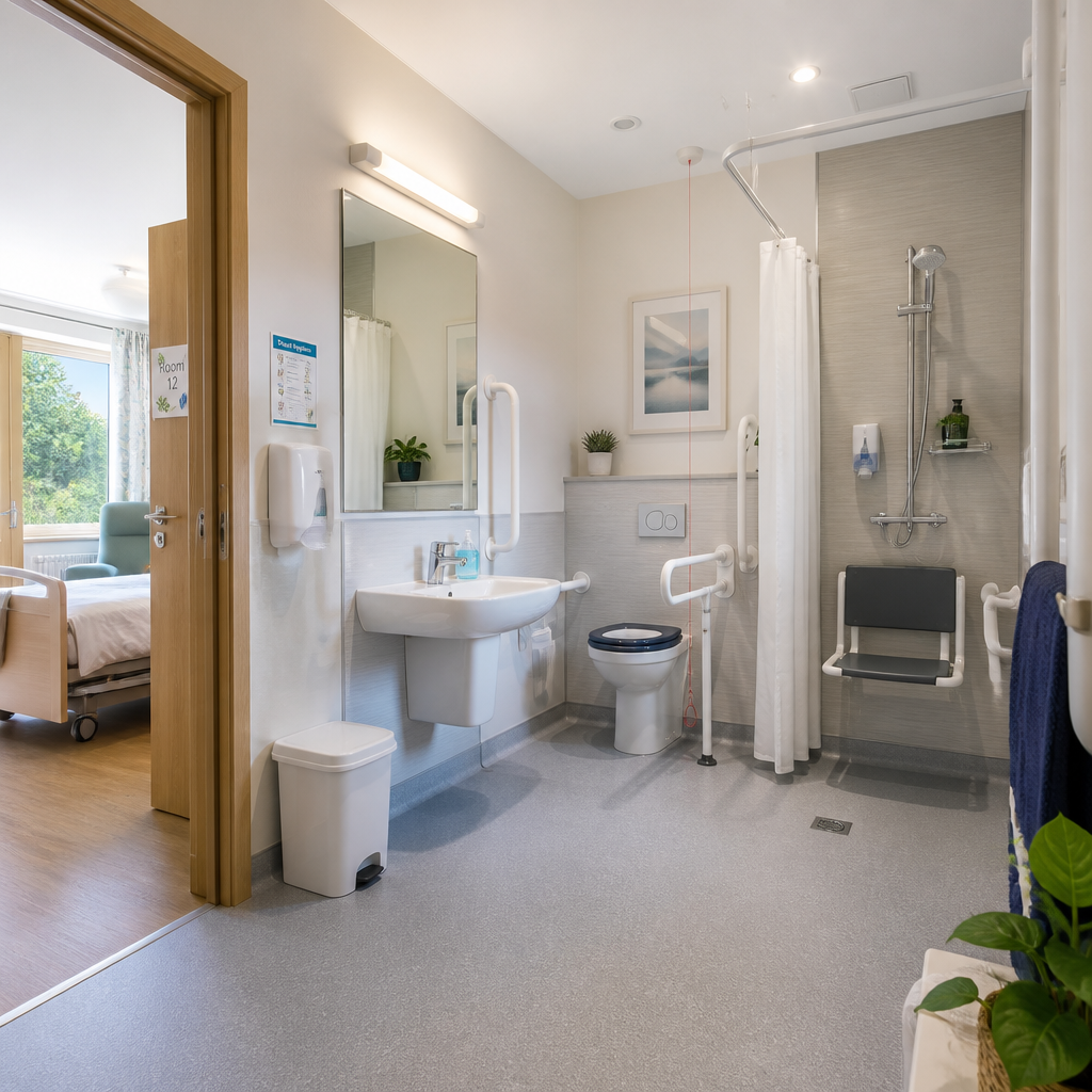 Modern care home bathroom and hygiene facility with accessibility features