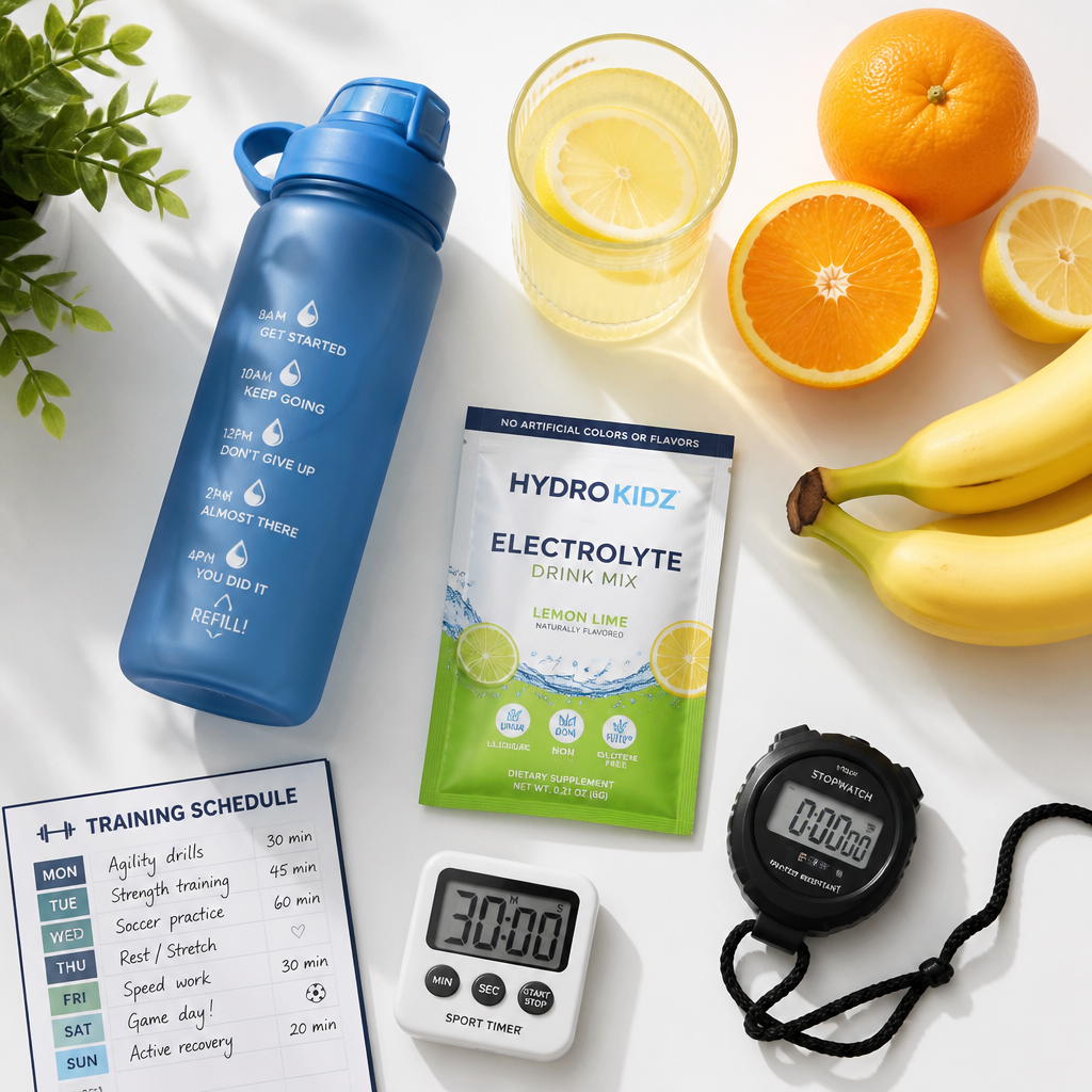 Flat lay of electrolyte-rich foods and hydration supplies for active children