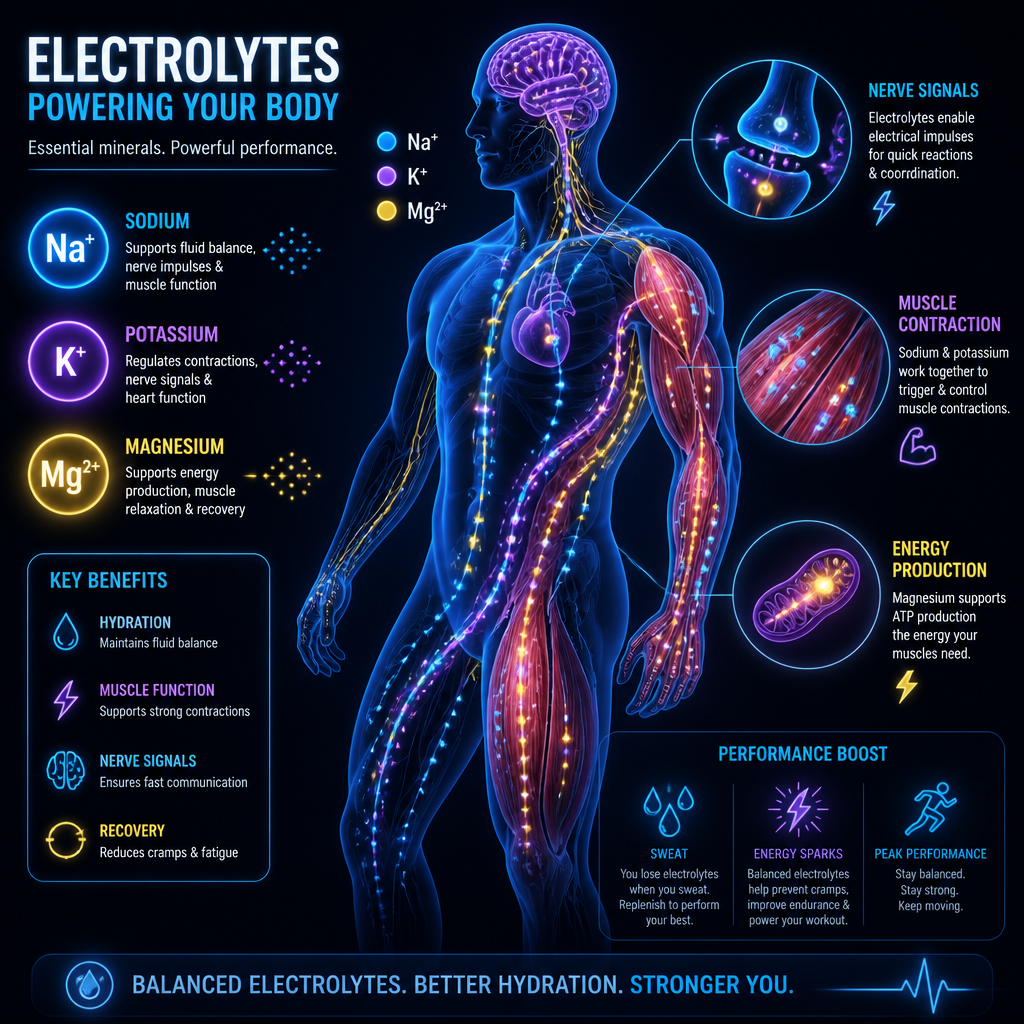 Abstract visual of electrolyte ions and their role in muscle and nerve function